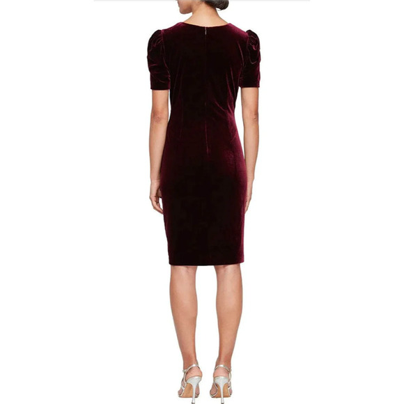 Alex Evenings Velvet Embellished Puff Sleeve Ruched Cocktail Dress | Sz 16 Wine - Picture 3 of 9